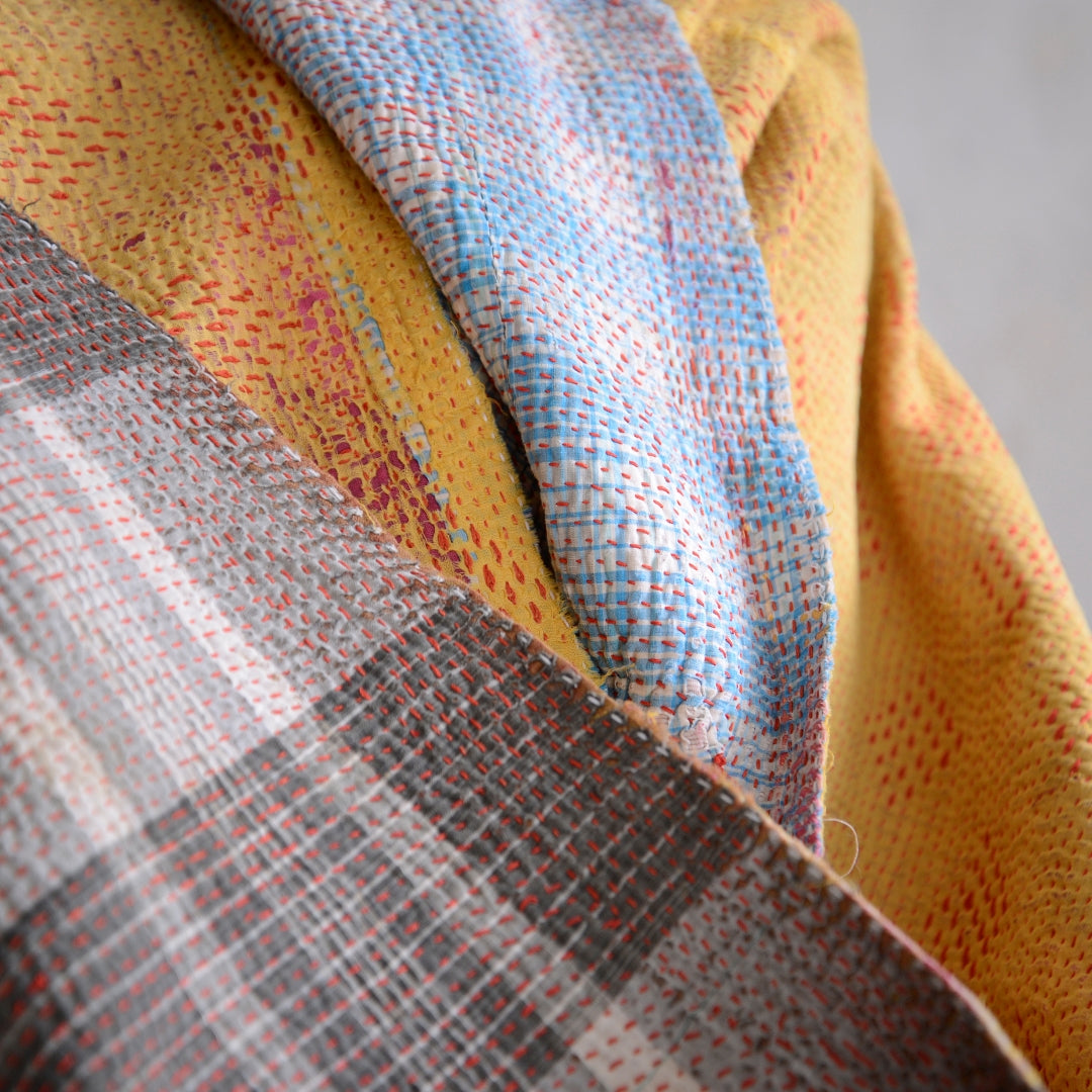 Vintage Finestitch Kantha Quilt - Bold Yellow & Blue Grey check