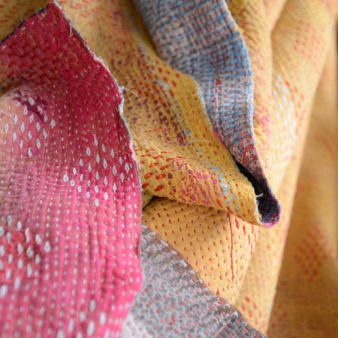 Vintage Finestitch Kantha Quilt - Bold Yellow & Blue Grey check