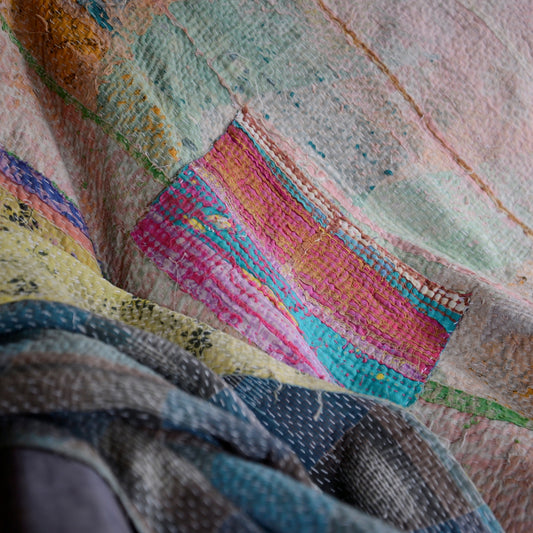 Vintage Finestitch Kantha Patchwork Quilt - Pinks & Blues